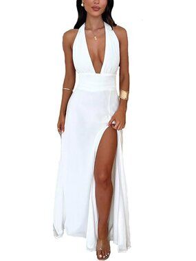 Women’s Sexy Halter Deep V Neck Sleeveless Backless High Split Maxi Summer Dress
